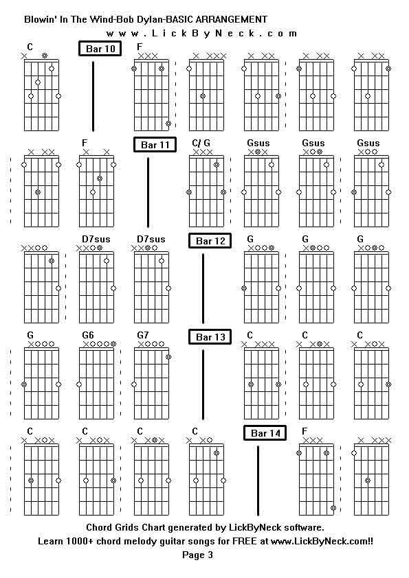 Chord Grids Chart of chord melody fingerstyle guitar song-Blowin' In The Wind-Bob Dylan-BASIC ARRANGEMENT,generated by LickByNeck software.